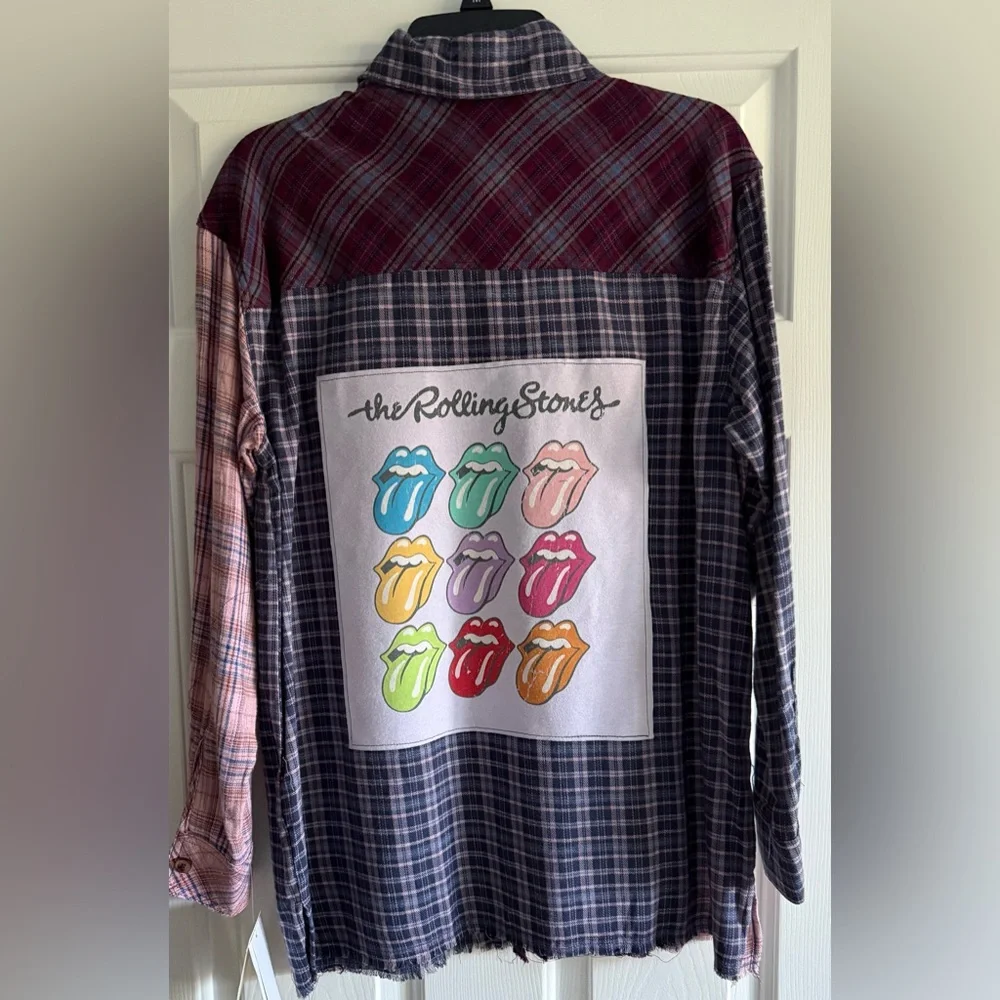 Upcycled The Rolling Stones Graphic Tee On REWIND Lightweight Flannel Shirt Sz M - Picture 2 of 8